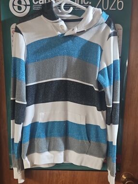 Striped Hooded Pullover Sweatshirt - Blue / Gray / Black